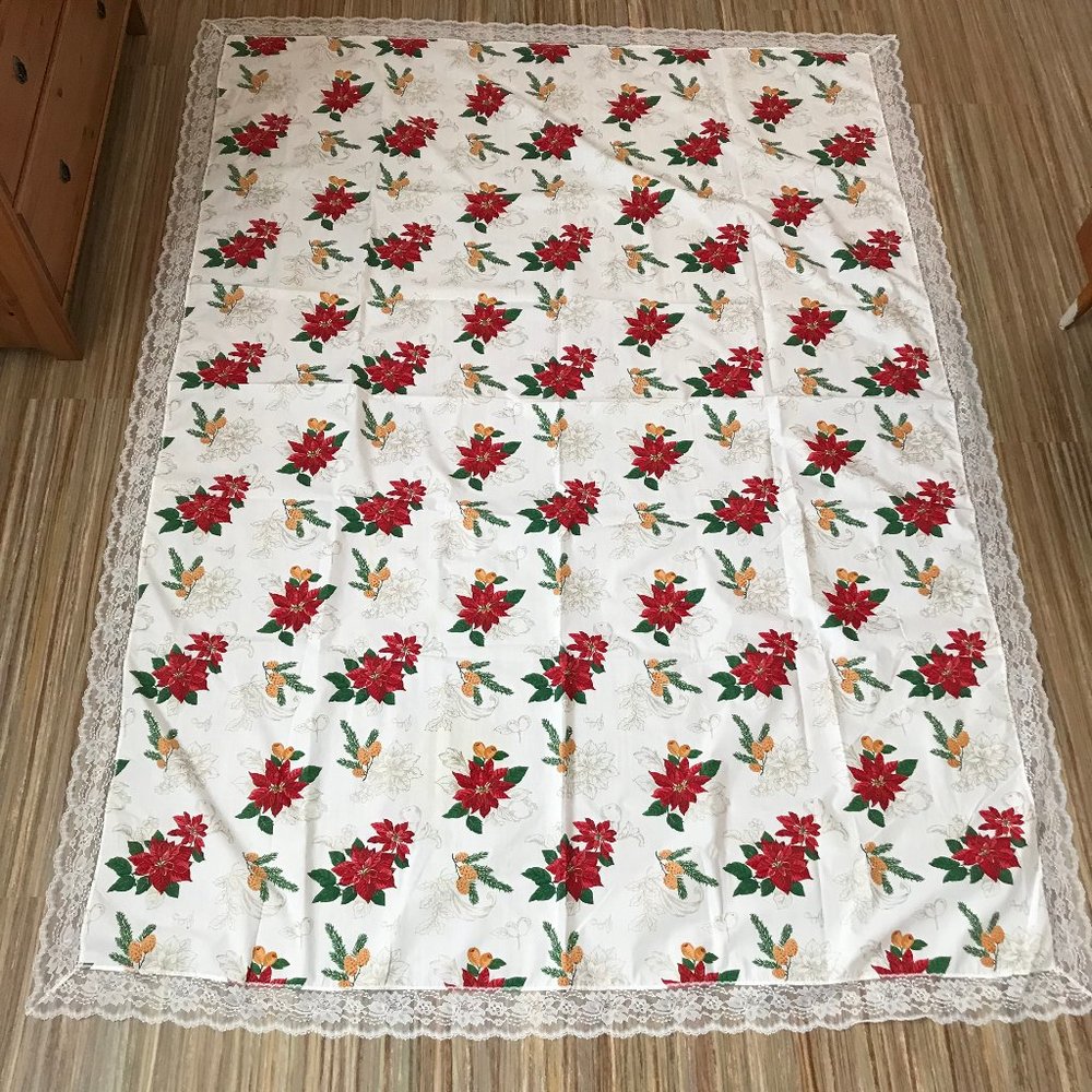 Poinsettia Print White Polycotton Large Tablecloth Lace Trim 65x84 Christmas